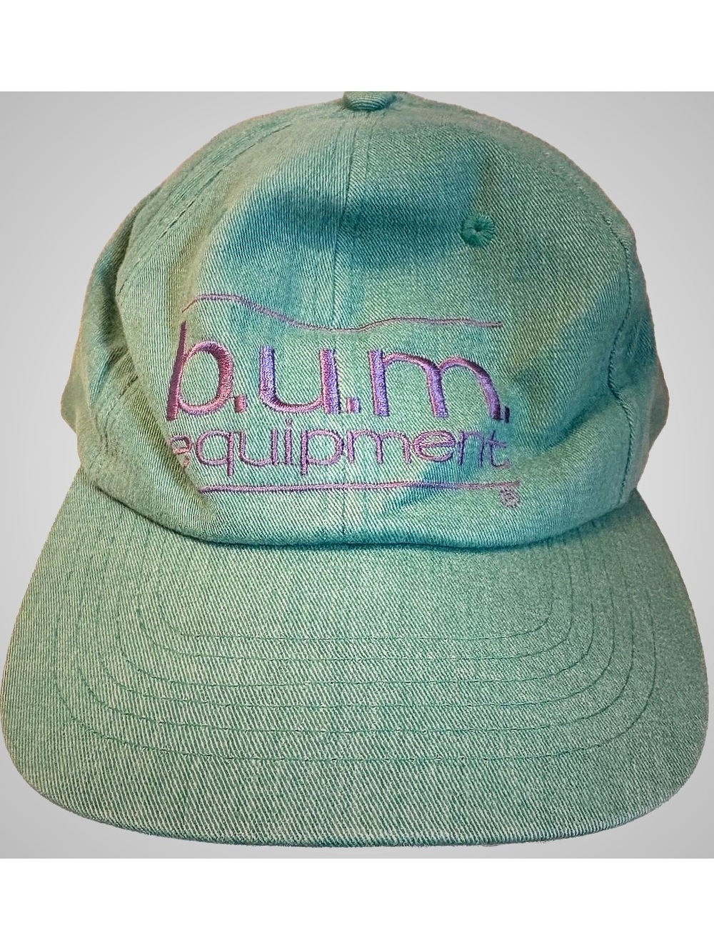 90s b.u.m. equipment Vintage Green Baseball Cap with Purple Embroidered Logo